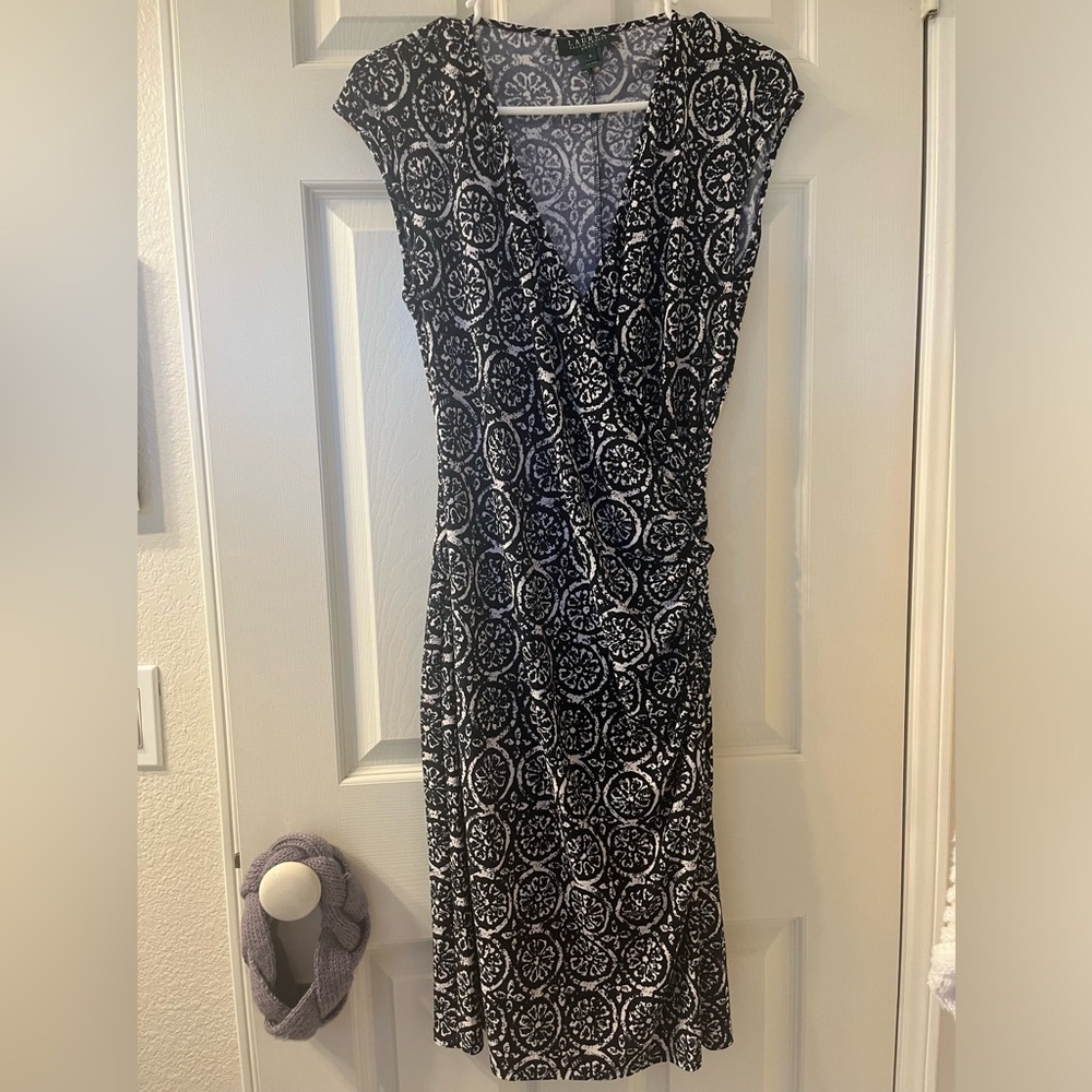 lauren ralph lauren vintage 90’s women’s midi black and white pattern dress